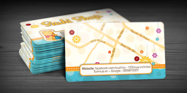Sushi Shop với bản đồ ở mặt sau đồng bộ với phong cách name card Sushi Shop với bản đồ ở mặt sau đồng bộ với phong cách name card